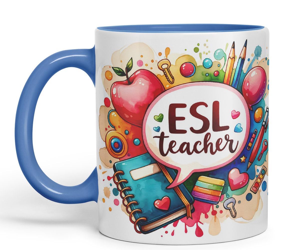 Vixar ESL Teacher Mug Thank You, End of School Gift Ceramic Coloured Mug Cup for Tea Coffee Hot Brew 330ml 11Oz Gift