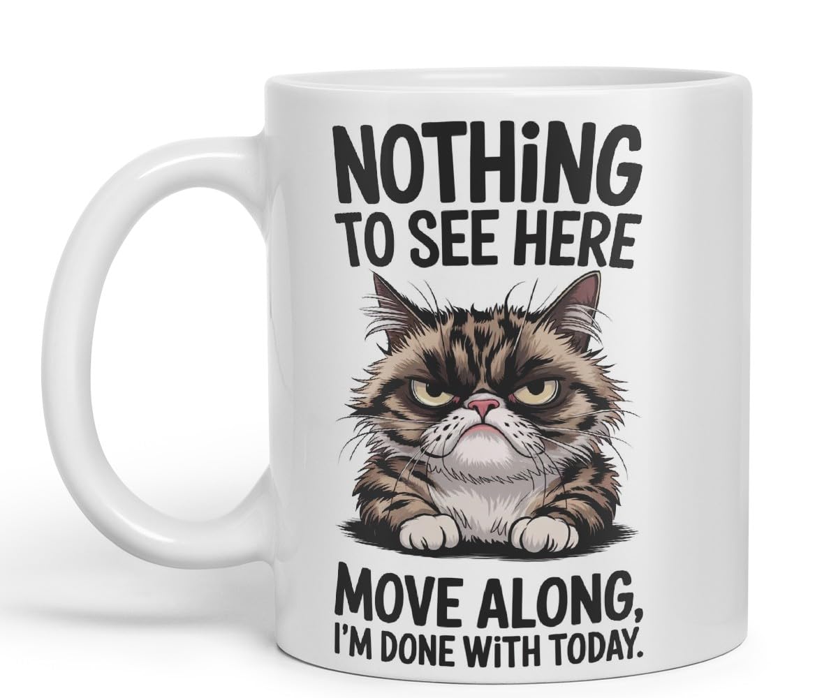 Vixar Nothing to See Here Move Along Cat Mug – Coloured Ceramic Mug Cup Gift, 11oz (Black)