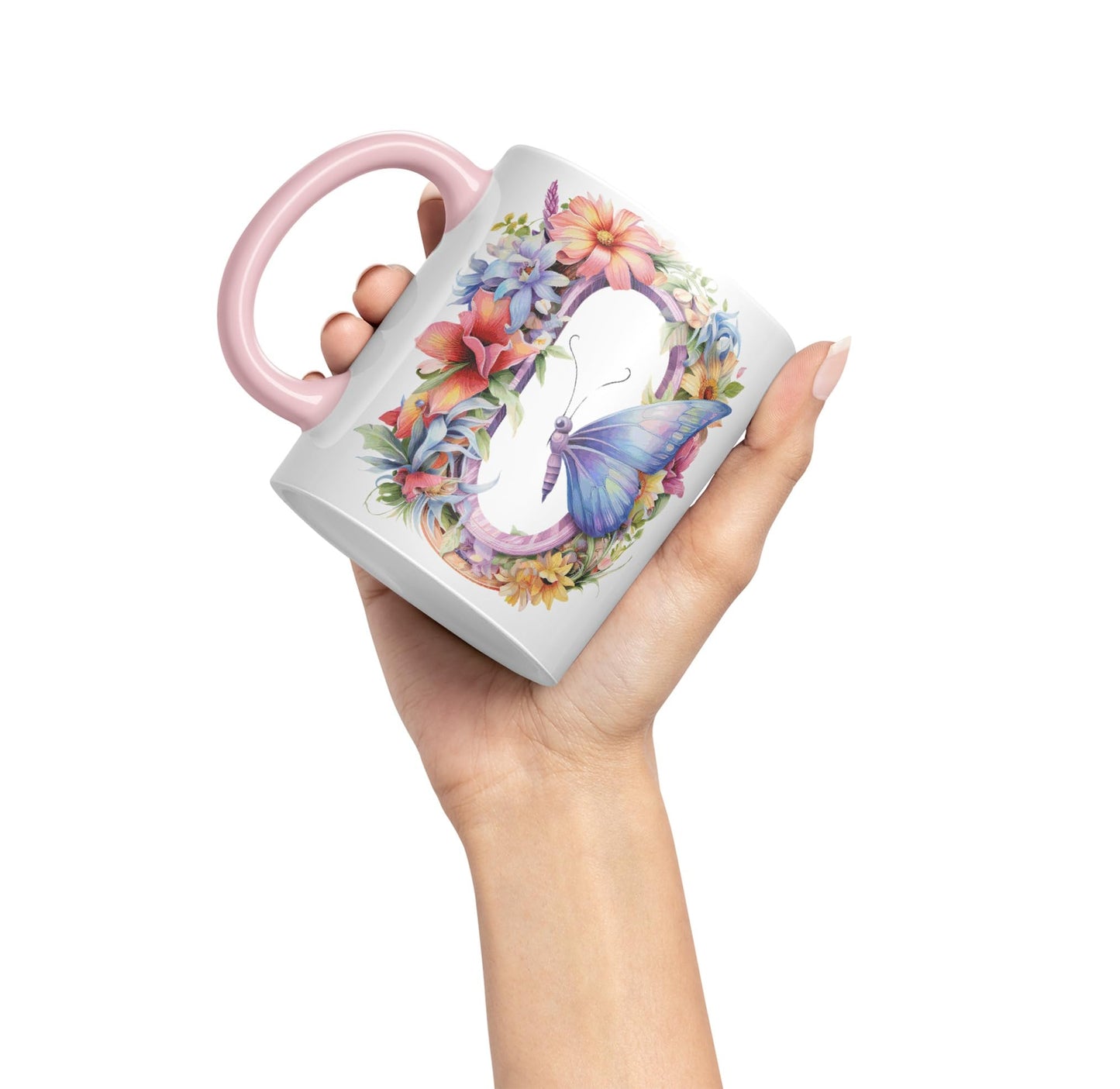 Letter O mug, Floral flowers butterfly Alphabet Letter O Monogram watercolour Ceramic Coloured Mug Cup for Tea Coffee Hot brew 330ml 11Oz Gift