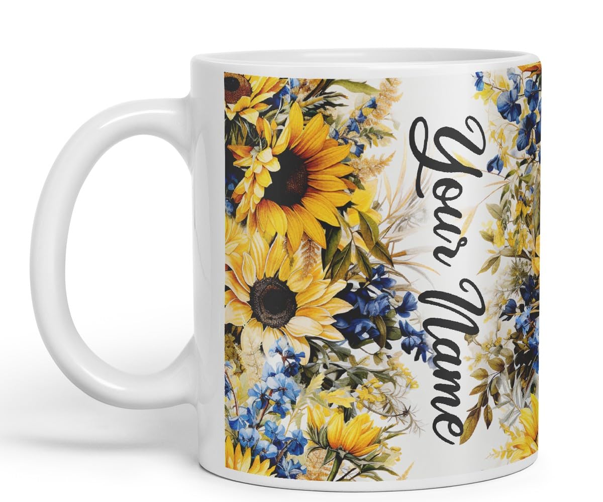 Vixar Personalised Sunflower Mug – Custom Your Name Coloured Ceramic Mug Cup Gift, 11oz (Gold Yellow)