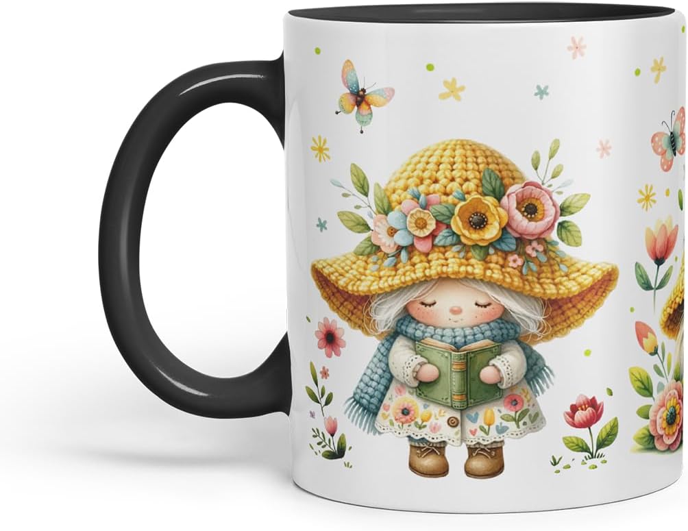 Vixar Spring Gnome Flowers Mug – Coloured Ceramic Mug Cup Gift, 11oz (Black)