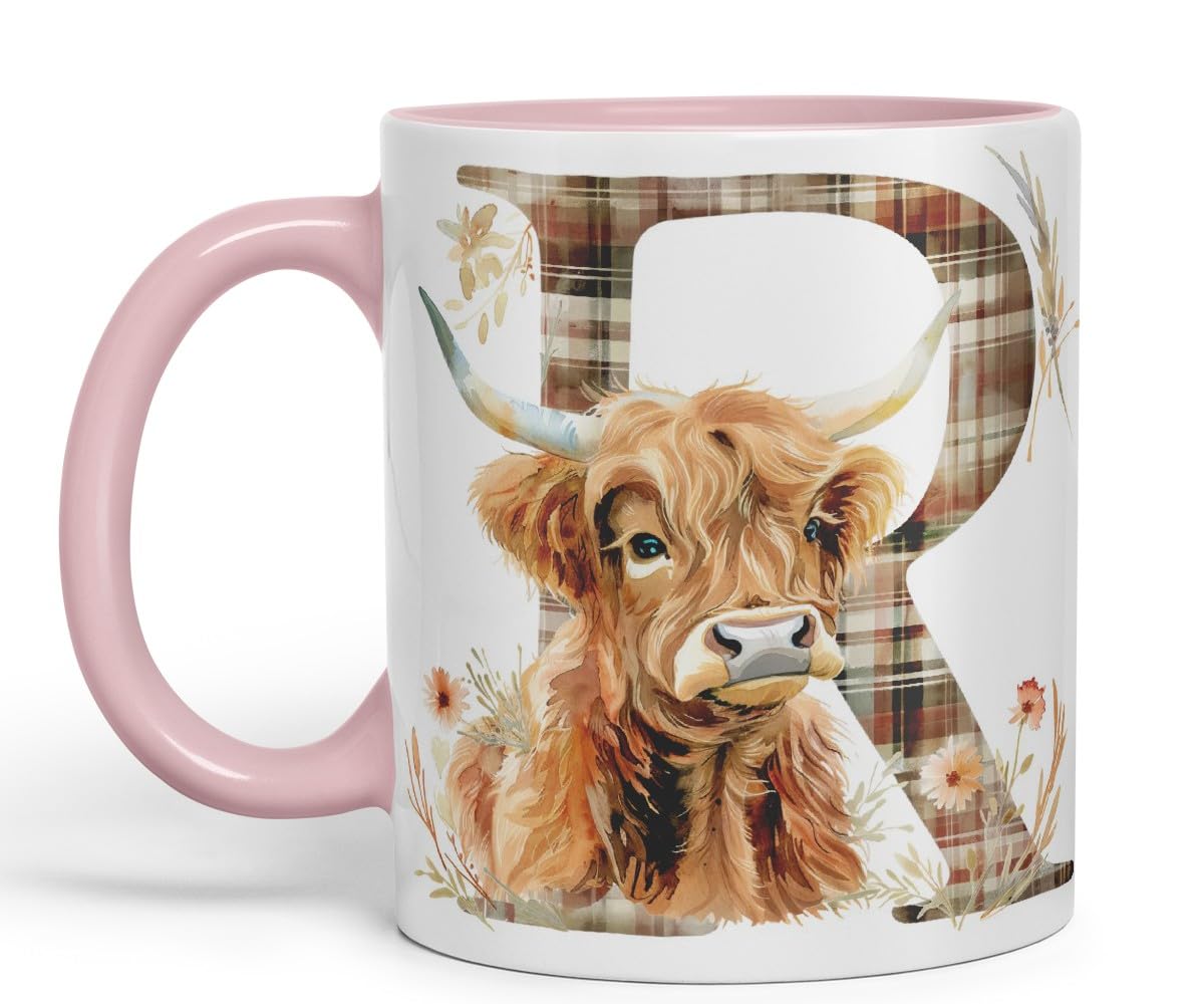 Vixar Highland Cow Alphabet Monogram Coloured Ceramic Cup Mug – Letter R – Rustic Farmhouse Animal Letter Gift – 11oz (Black)
