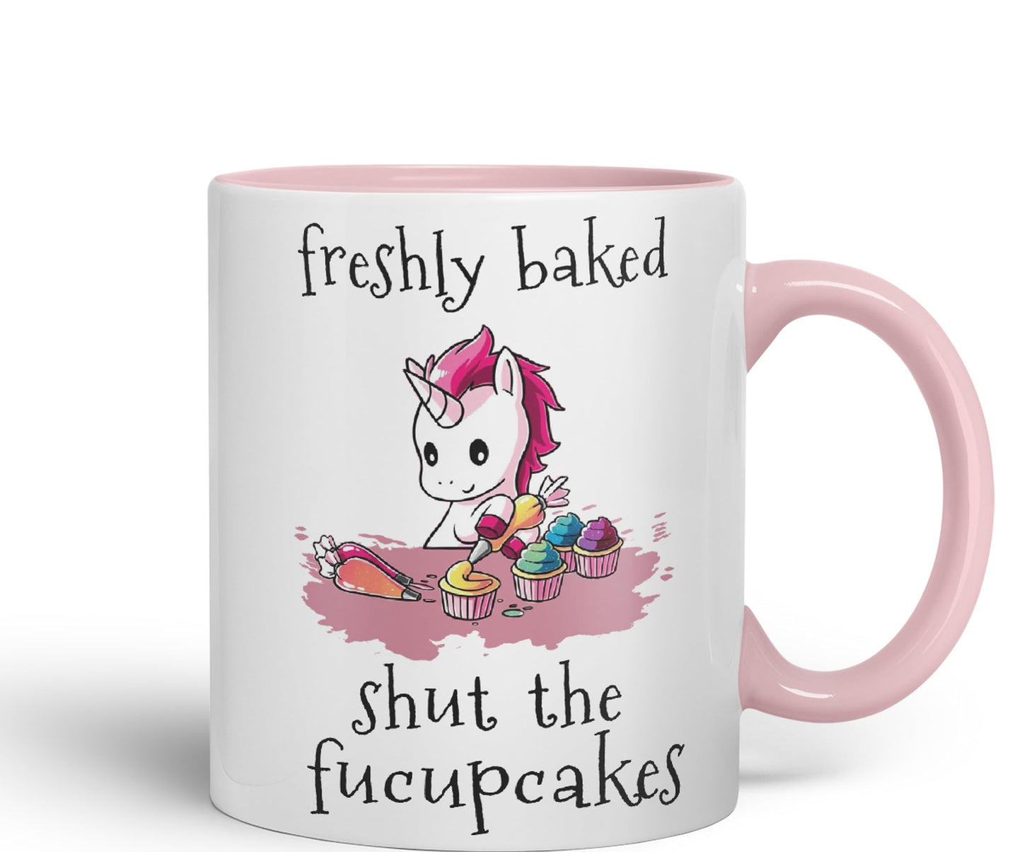Freshly Baked, Shut The fucupcakes, Unicorn Sarcastic Joke Ceramic Coloured Mug Cup for Tea Coffee Hot Brew 330ml 11Oz