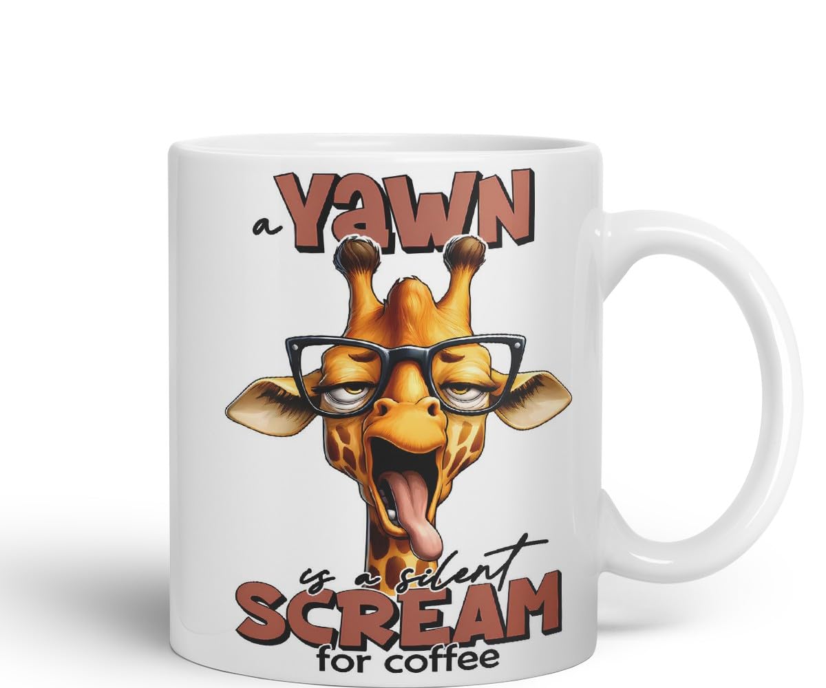 Vixar A Yawn is a Silent Scream for Coffee Giraffe Coloured Ceramic Mug Cup 11oz Funny Sarcastic Gift (Black)