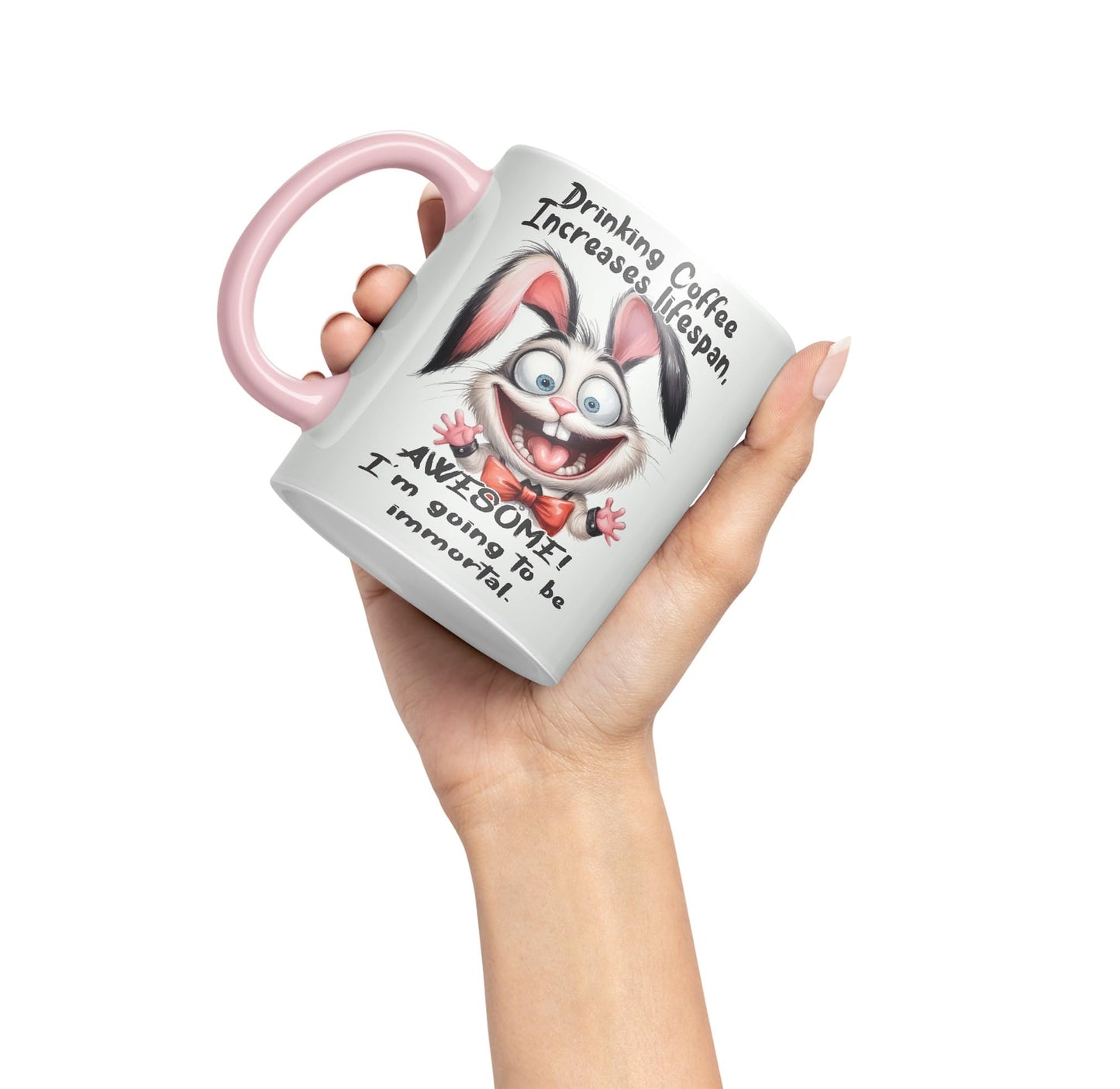 Drinking Coffee Increases lifespan Awesome! I'm Going to be Immortal, Rabbit Hare Joke sarkasm Sarcastic Ceramic Coloured Mug Cup for Tea Coffee Hot Brew 330ml 11Oz Gift