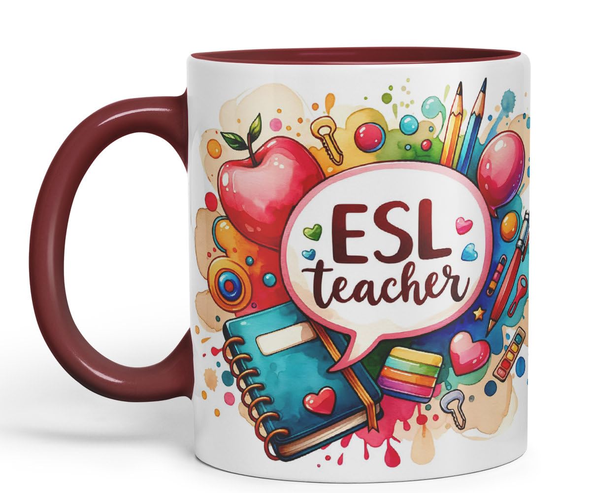 Vixar ESL Teacher Mug Thank You, End of School Gift Ceramic Coloured Mug Cup for Tea Coffee Hot Brew 330ml 11Oz Gift