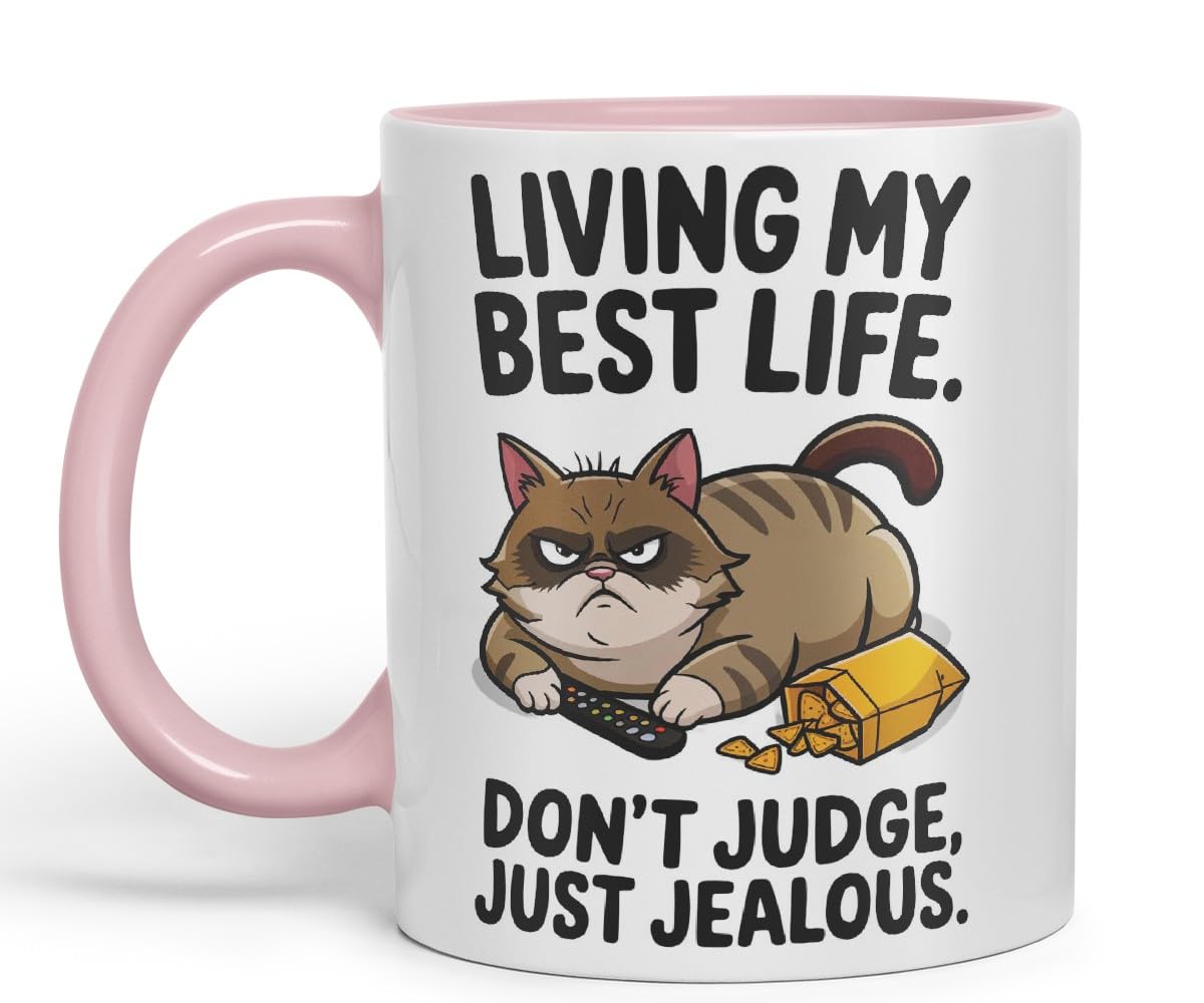 Living My Best Life Don’t Judge Cat Mug – Coloured Ceramic Mug Cup Gift, 11oz (Black)