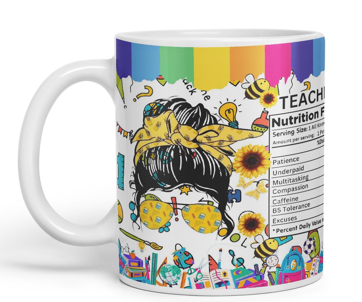 Vixar Teacher Nutrition Facts #teacherlife Mug Thank You, End of School Gift Ceramic Coloured Mug Cup for Tea Coffee Hot Brew 330ml 11Oz Gift TF2