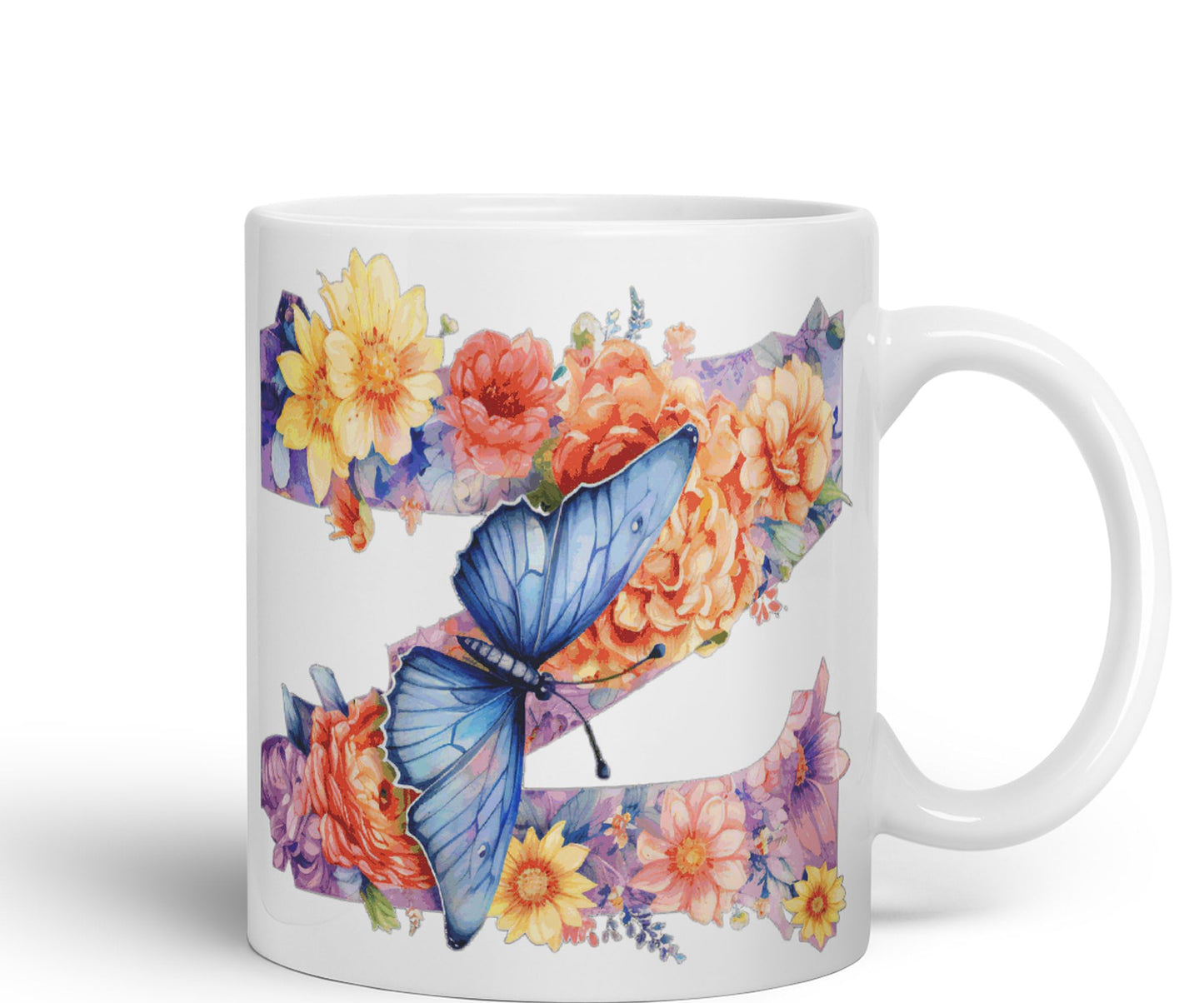 Letter Z mug, Floral flowers butterfly Alphabet Letter Z Monogram watercolour Ceramic Coloured Mug Cup for Tea Coffee Hot brew 330ml 11Oz Gift