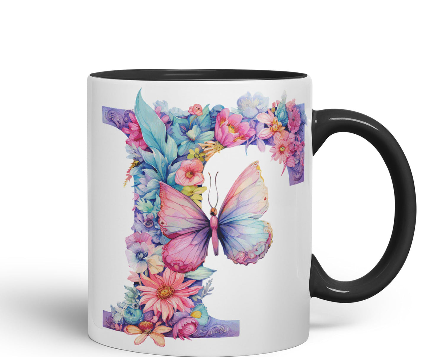 Letter F mug, Floral flowers butterfly Alphabet Letter F Monogram watercolour Ceramic Coloured Mug Cup for Tea Coffee Hot brew 330ml 11Oz Gift