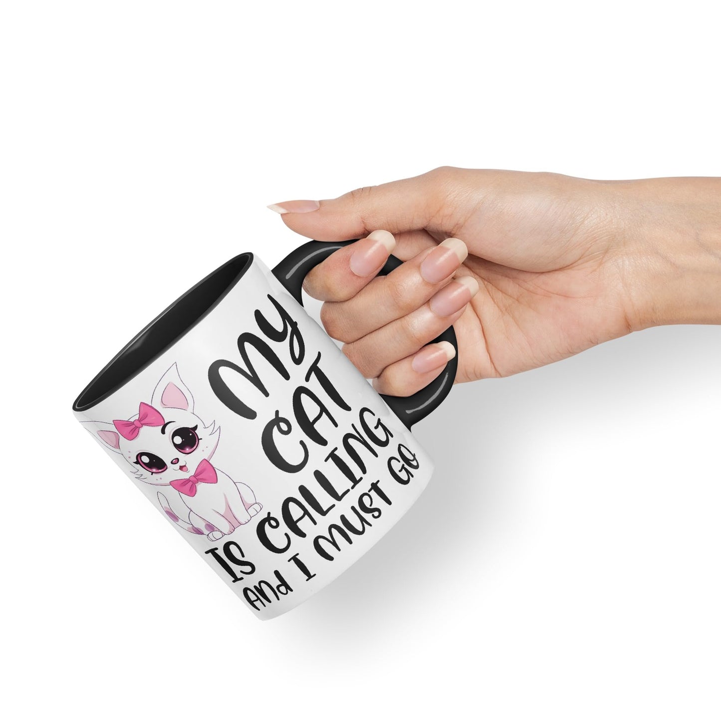 My cat is Calling and I Must Go, cat Sarcastic Joke Ceramic Coloured Mug Cup for Tea Coffee Hot Brew 330ml 11Oz