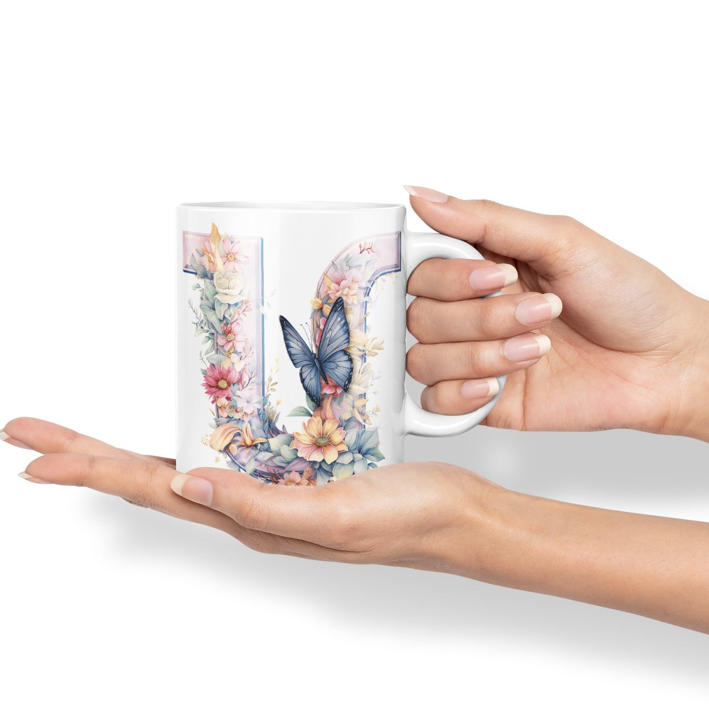 Letter U mug, Floral flowers butterfly Alphabet Letter U Monogram watercolour Ceramic Coloured Mug Cup for Tea Coffee Hot brew 330ml 11Oz Gift