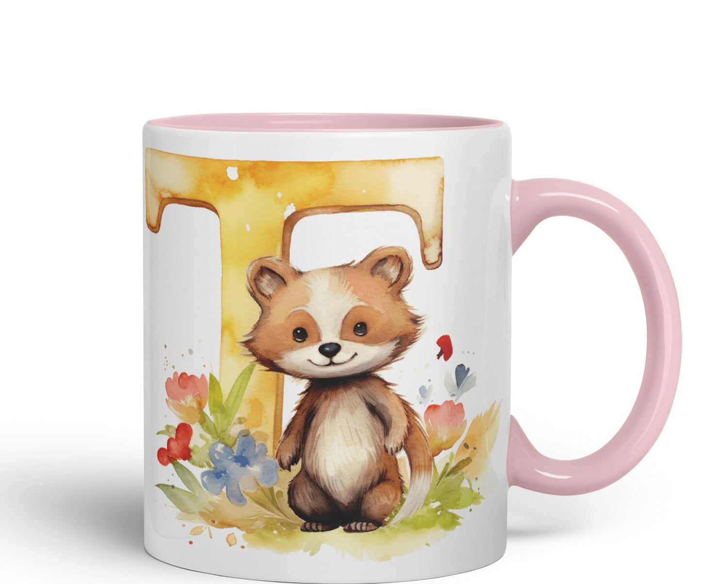 Letter T mug, Animals Alphabet Letter T Monogram animal for kids Ceramic Coloured Mug Cup for Tea Coffee Hot brew 330ml 11Oz Gift