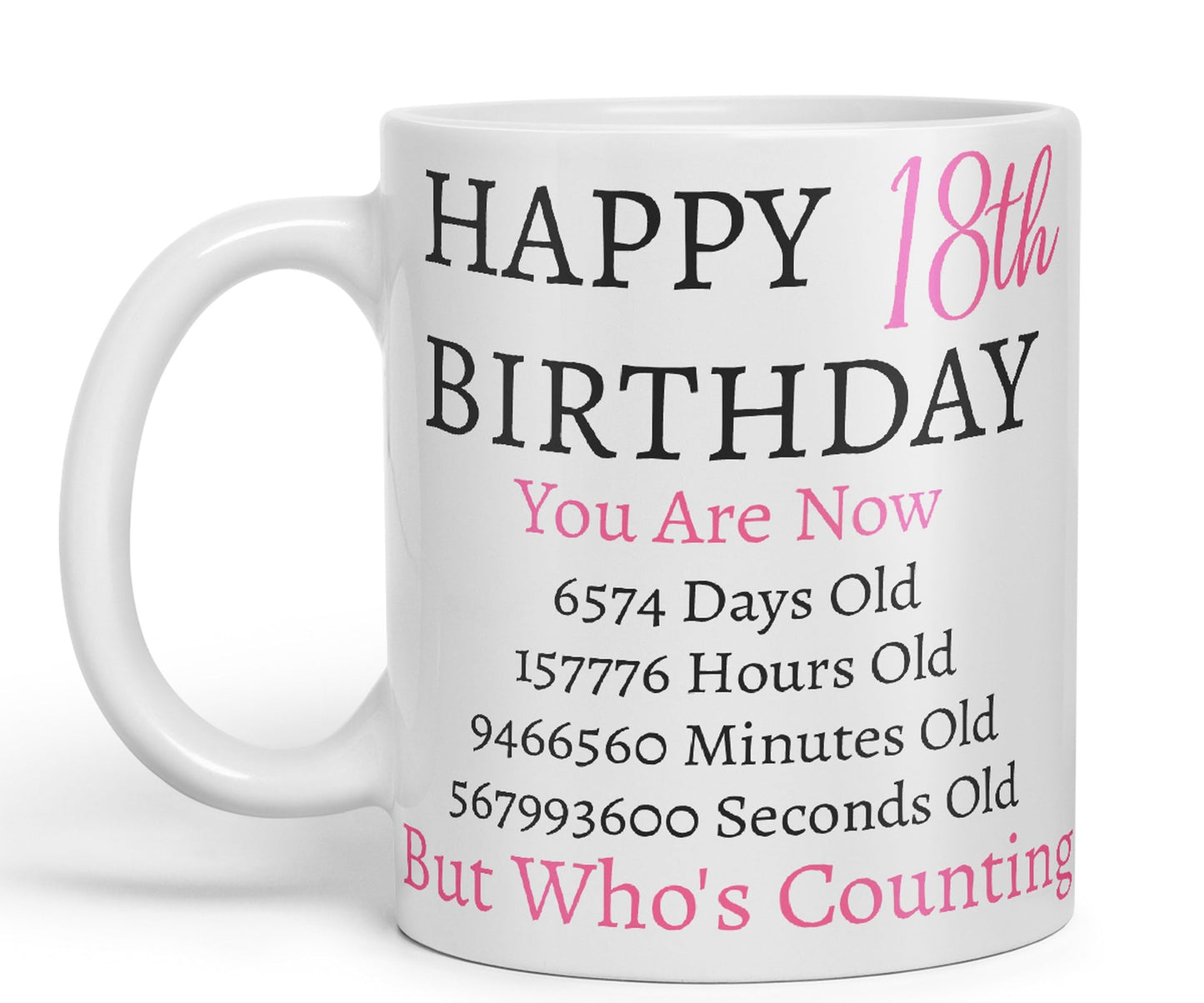 Vixar But Who's Counting Happy 18th Birthday Ceramic Coloured Mug Cup Gift Days Hours Minutes (Pink)