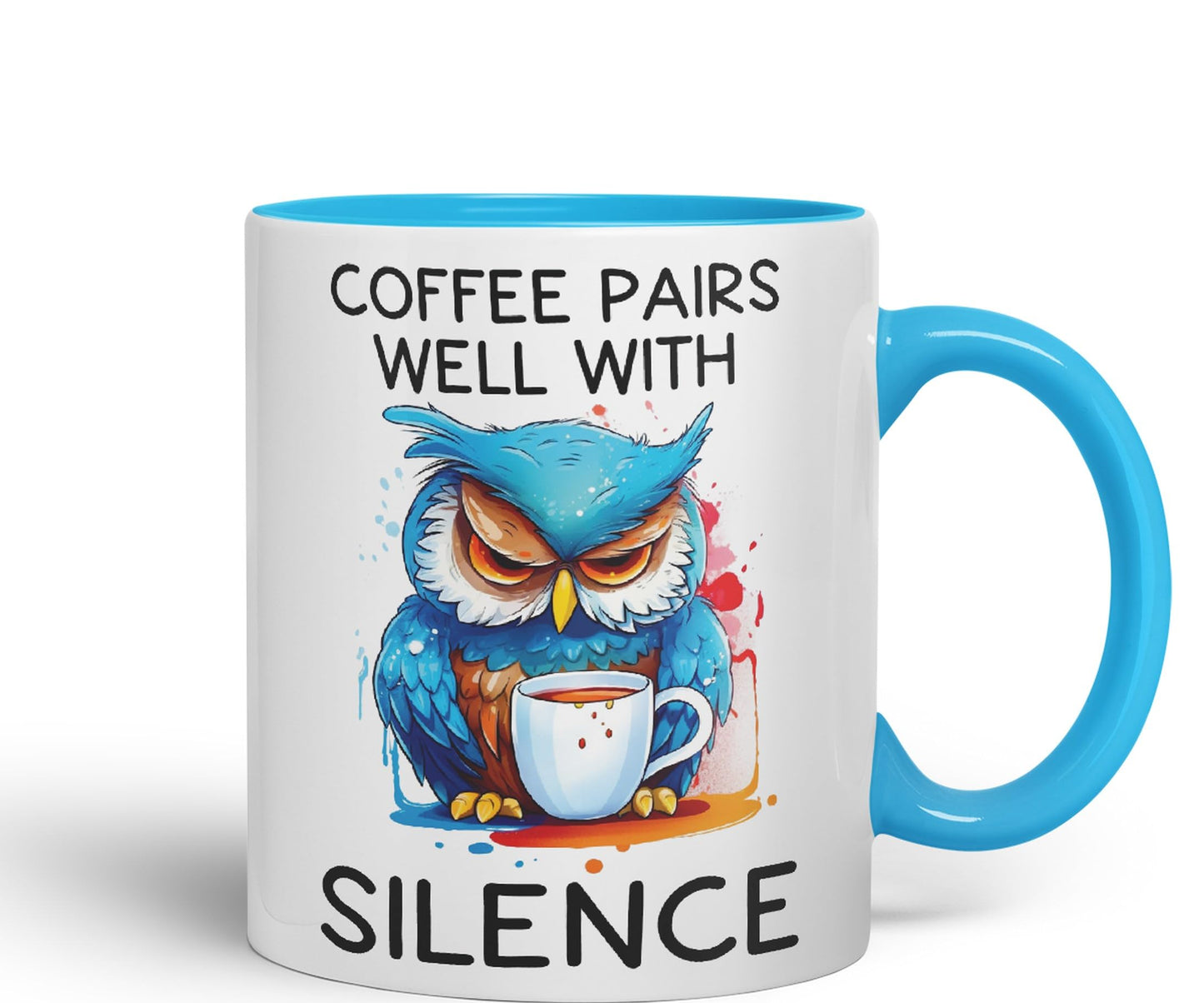 Coffee Pairs Well with Silence owl Sarcastic Joke Ceramic Coloured Mug Cup for Tea Coffee Hot Brew 330ml 11 Oz
