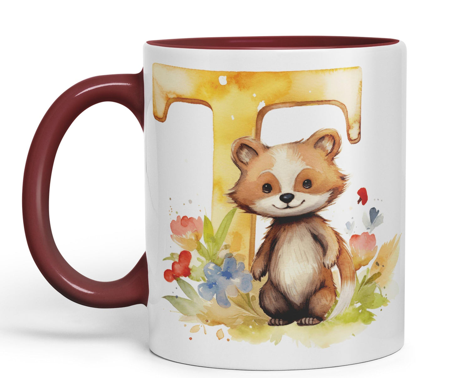 Letter T mug, Animals Alphabet Letter T Monogram animal for kids Ceramic Coloured Mug Cup for Tea Coffee Hot brew 330ml 11Oz Gift