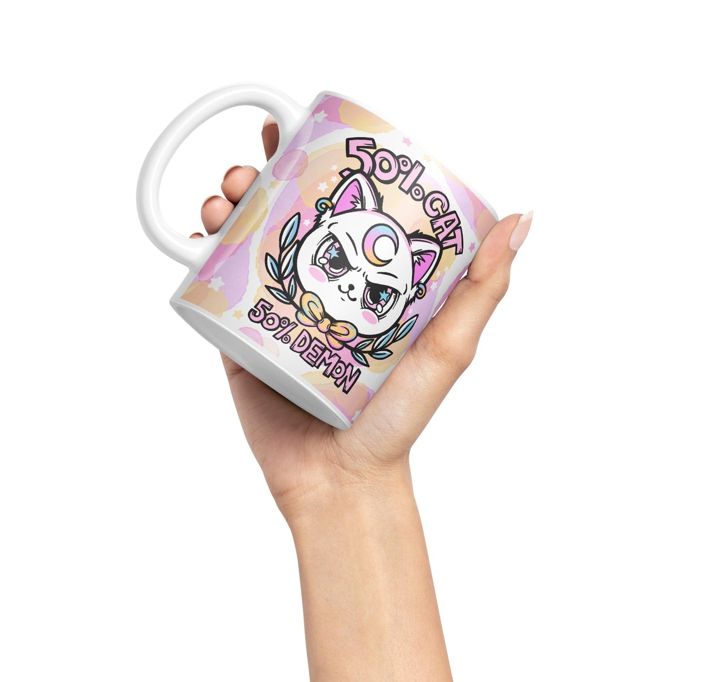 Vixar 50% Cat 50% Demon Cute cat Lovers, Kawaii Joke Coloured Ceramic Mug Cup Gift 330ml 11oz Work Office Tea Coffee