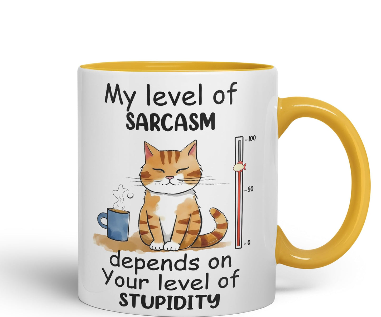 My Level of Sarcasm Depends on Your Level of Stupidity Cat Joke Ceramic Coloured Mug Cup for Tea Coffee Hot Brew 330ml 11Oz