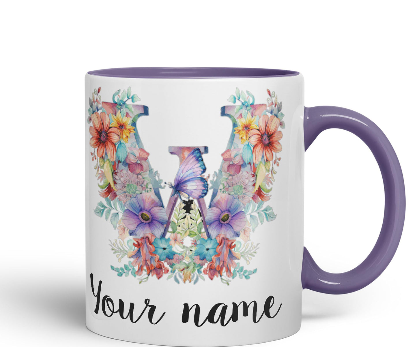 Personalised Letter W mug, Customized Custom Floral flowers butterfly Alphabet Letter W Monogram watercolour Ceramic Coloured Mug Cup for Tea Coffee Hot brew 330ml 11Oz Gift