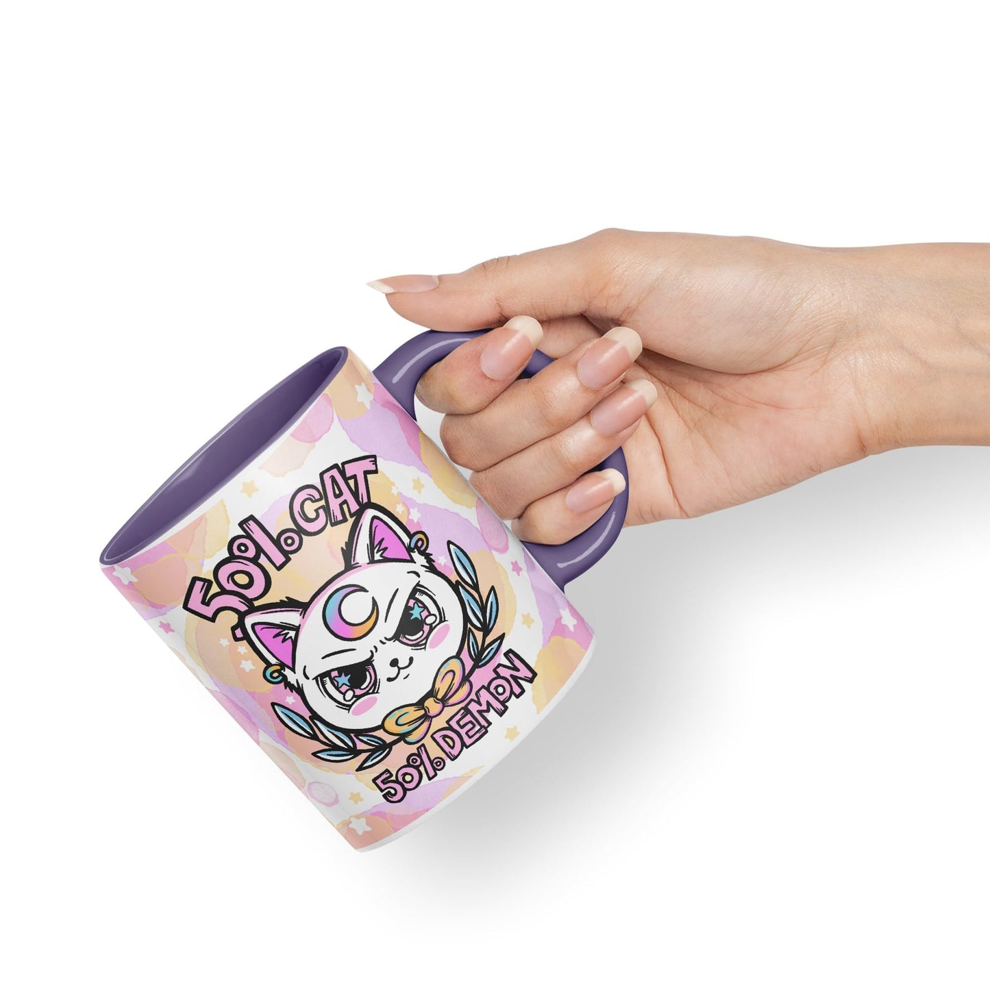 Vixar 50% Cat 50% Demon Cute cat Lovers, Kawaii Joke Coloured Ceramic Mug Cup Gift 330ml 11oz Work Office Tea Coffee
