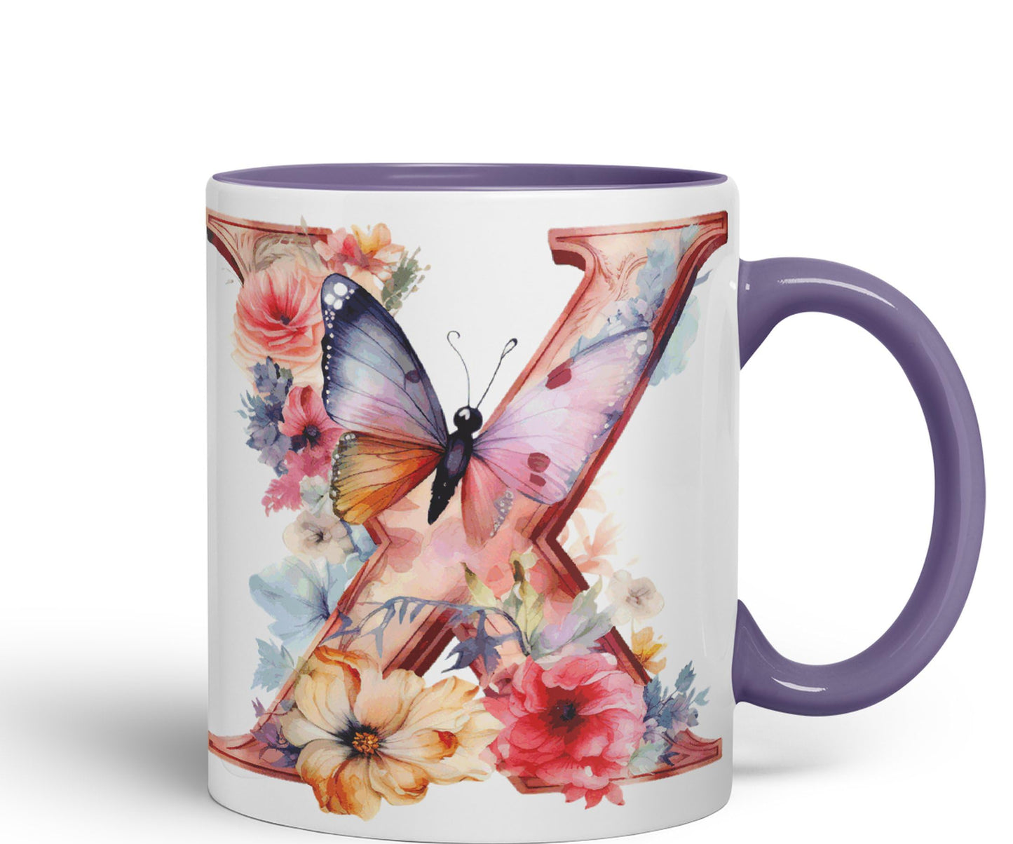 Letter X mug, Floral flowers butterfly Alphabet Letter X Monogram watercolour Ceramic Coloured Mug Cup for Tea Coffee Hot brew 330ml 11Oz Gift