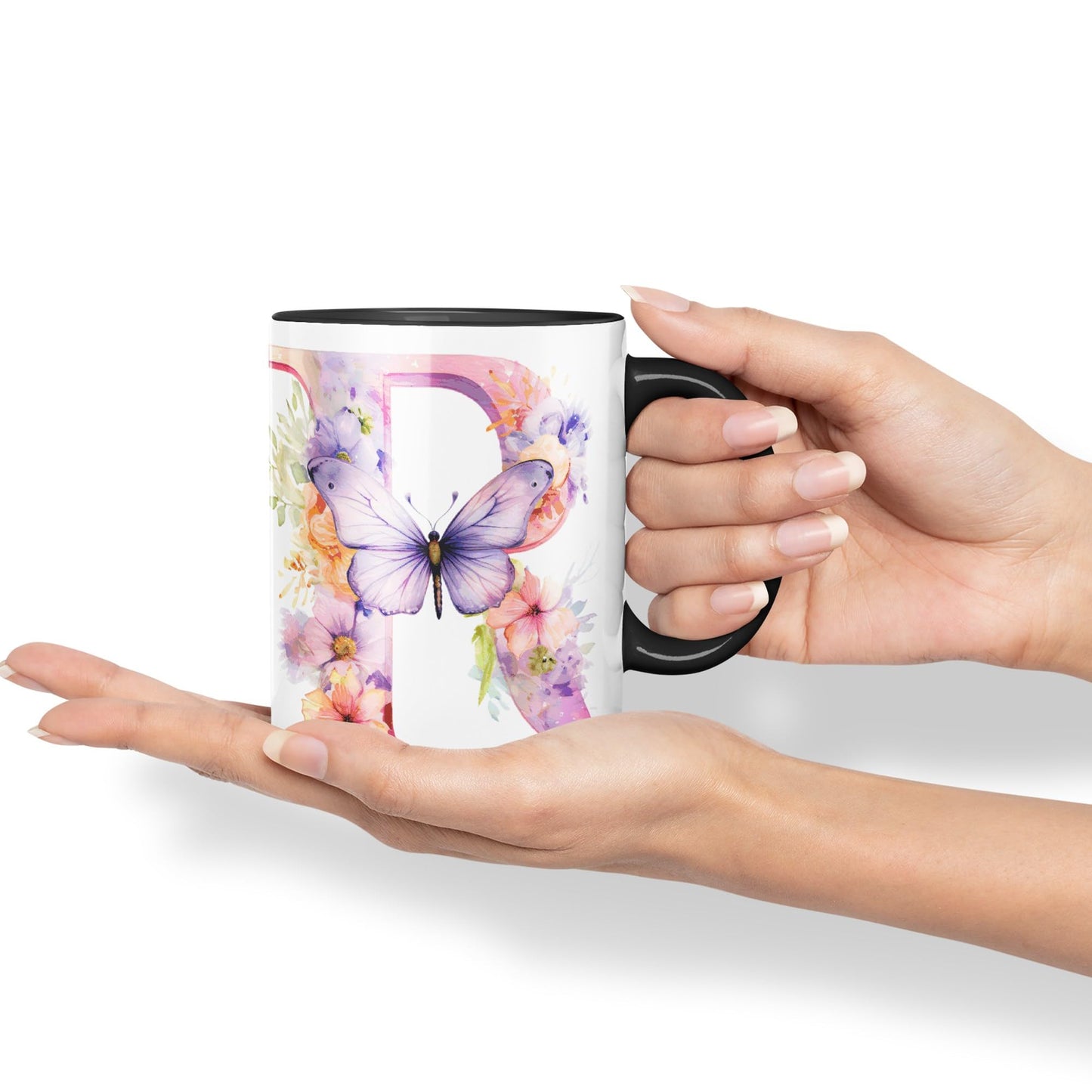 Letter R mug, Floral flowers butterfly Alphabet Letter R Monogram watercolour Ceramic Coloured Mug Cup for Tea Coffee Hot brew 330ml 11Oz Gift