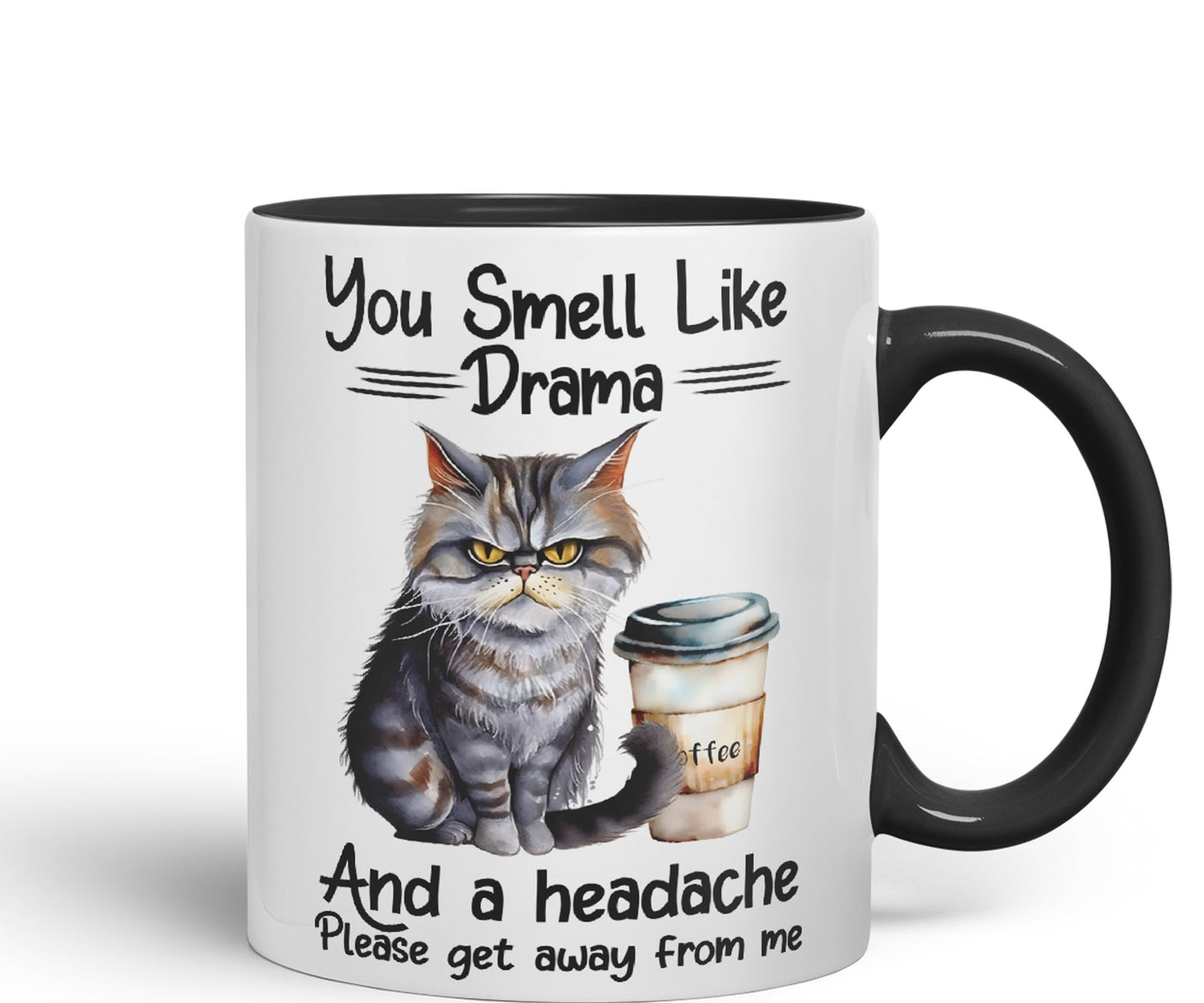 You Smell Like Drama and a Headache Cat Sarcastic Joke Ceramic Coloured Mug Cup for Tea Coffee Hot Brew 330ml 11Oz