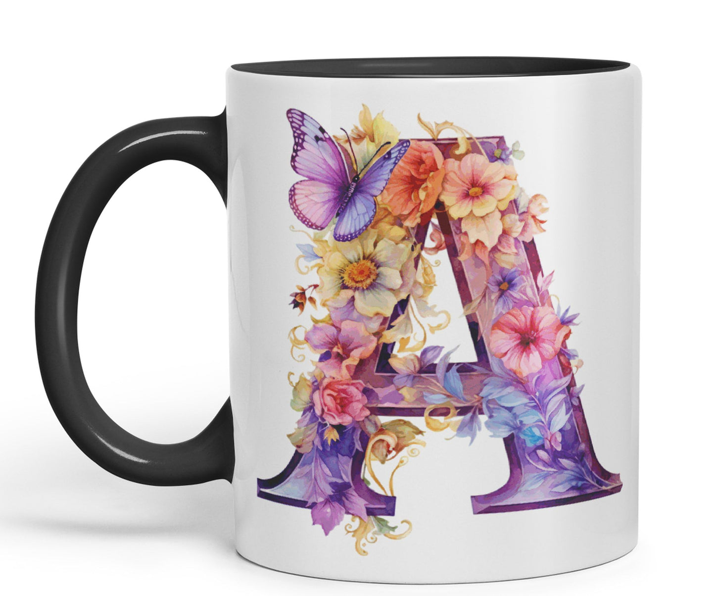 Letter A mug, Floral flowers butterfly Alphabet Letter A Monogram watercolour Ceramic Coloured Mug Cup for Tea Coffee Hot brew 330ml 11Oz Gift