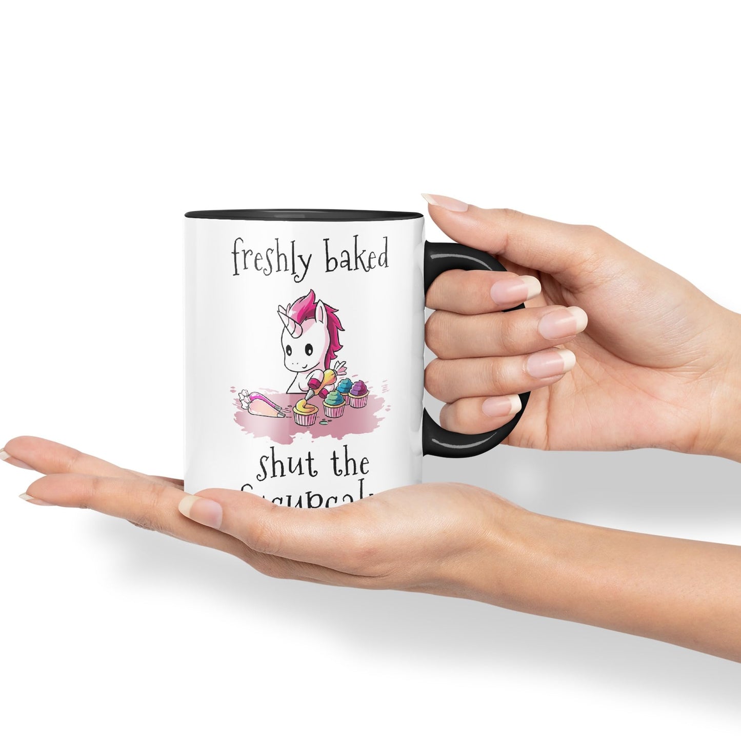 Freshly Baked, Shut The fucupcakes, Unicorn Sarcastic Joke Ceramic Coloured Mug Cup for Tea Coffee Hot Brew 330ml 11Oz