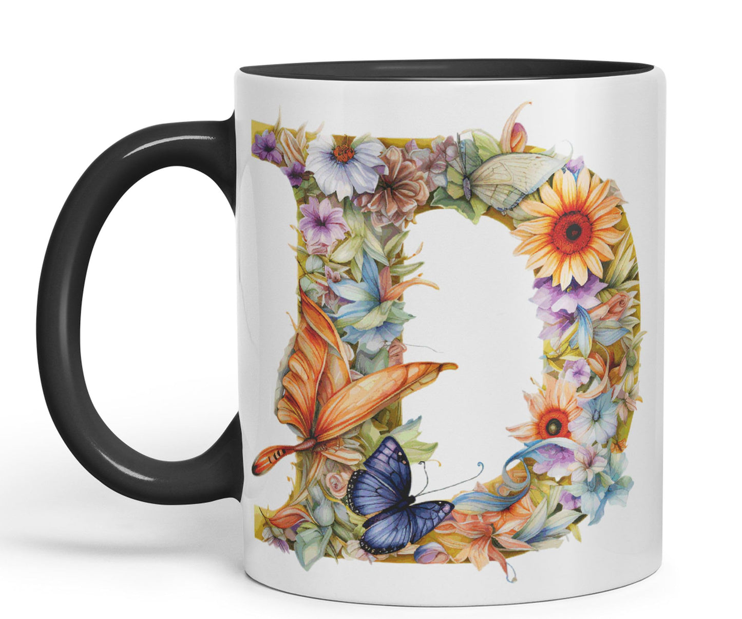 Letter D mug, Floral flowers butterfly Alphabet Letter D Monogram watercolour Ceramic Coloured Mug Cup for Tea Coffee Hot brew 330ml 11Oz Gift