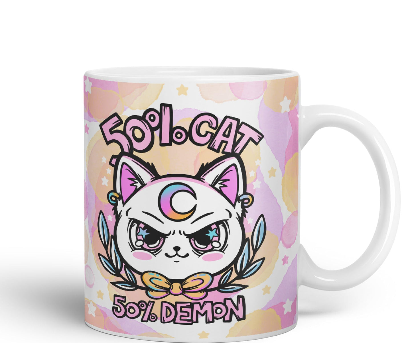 Vixar 50% Cat 50% Demon Cute cat Lovers, Kawaii Joke Coloured Ceramic Mug Cup Gift 330ml 11oz Work Office Tea Coffee