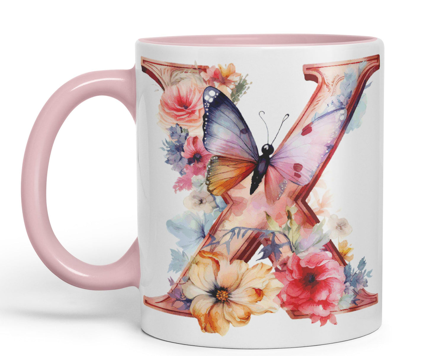 Letter X mug, Floral flowers butterfly Alphabet Letter X Monogram watercolour Ceramic Coloured Mug Cup for Tea Coffee Hot brew 330ml 11Oz Gift