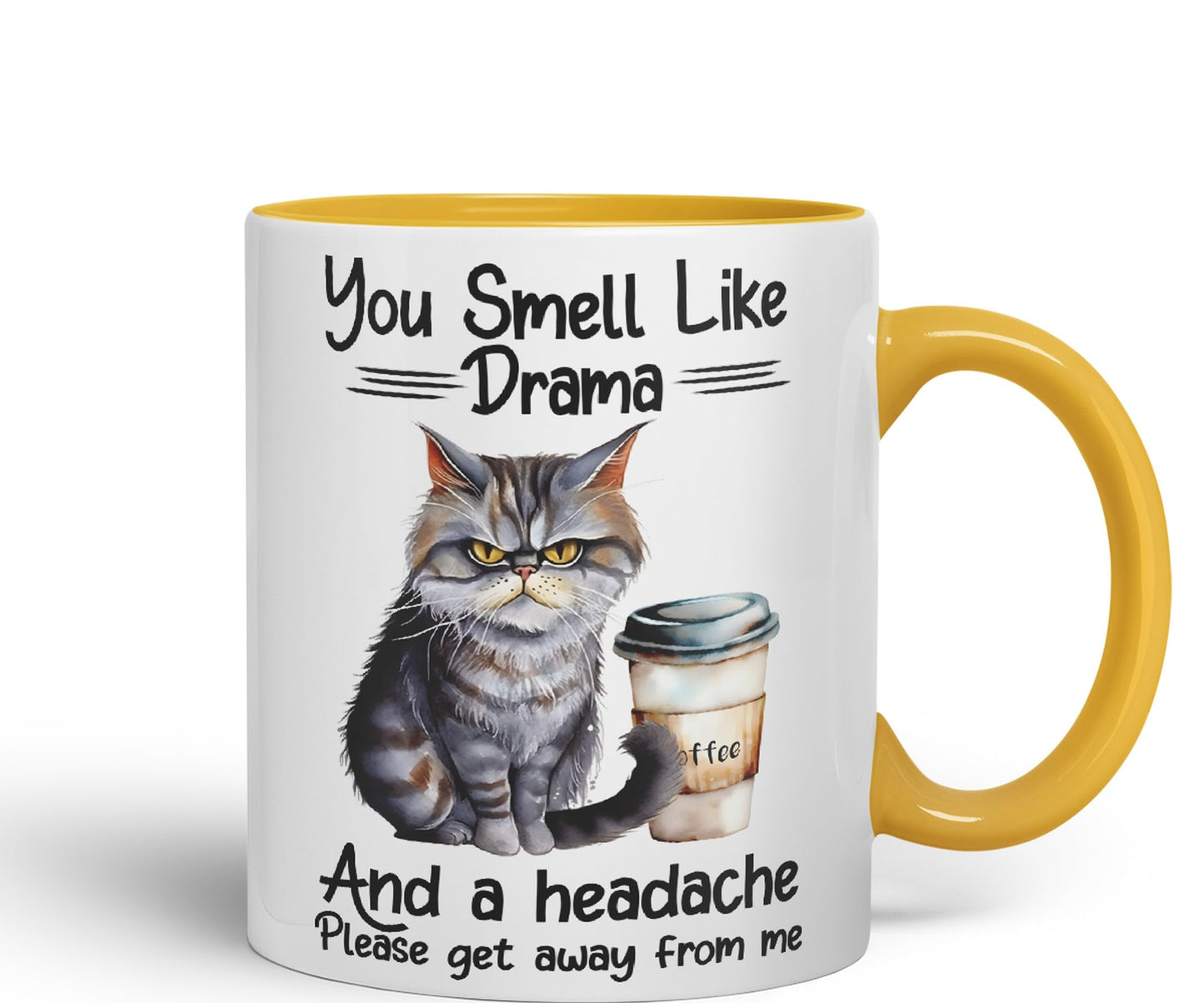 You Smell Like Drama and a Headache Cat Sarcastic Joke Ceramic Coloured Mug Cup for Tea Coffee Hot Brew 330ml 11Oz