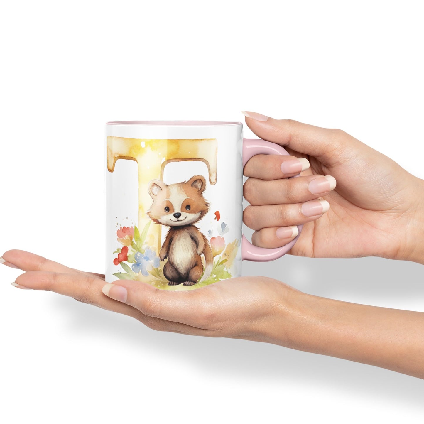 Letter T mug, Animals Alphabet Letter T Monogram animal for kids Ceramic Coloured Mug Cup for Tea Coffee Hot brew 330ml 11Oz Gift