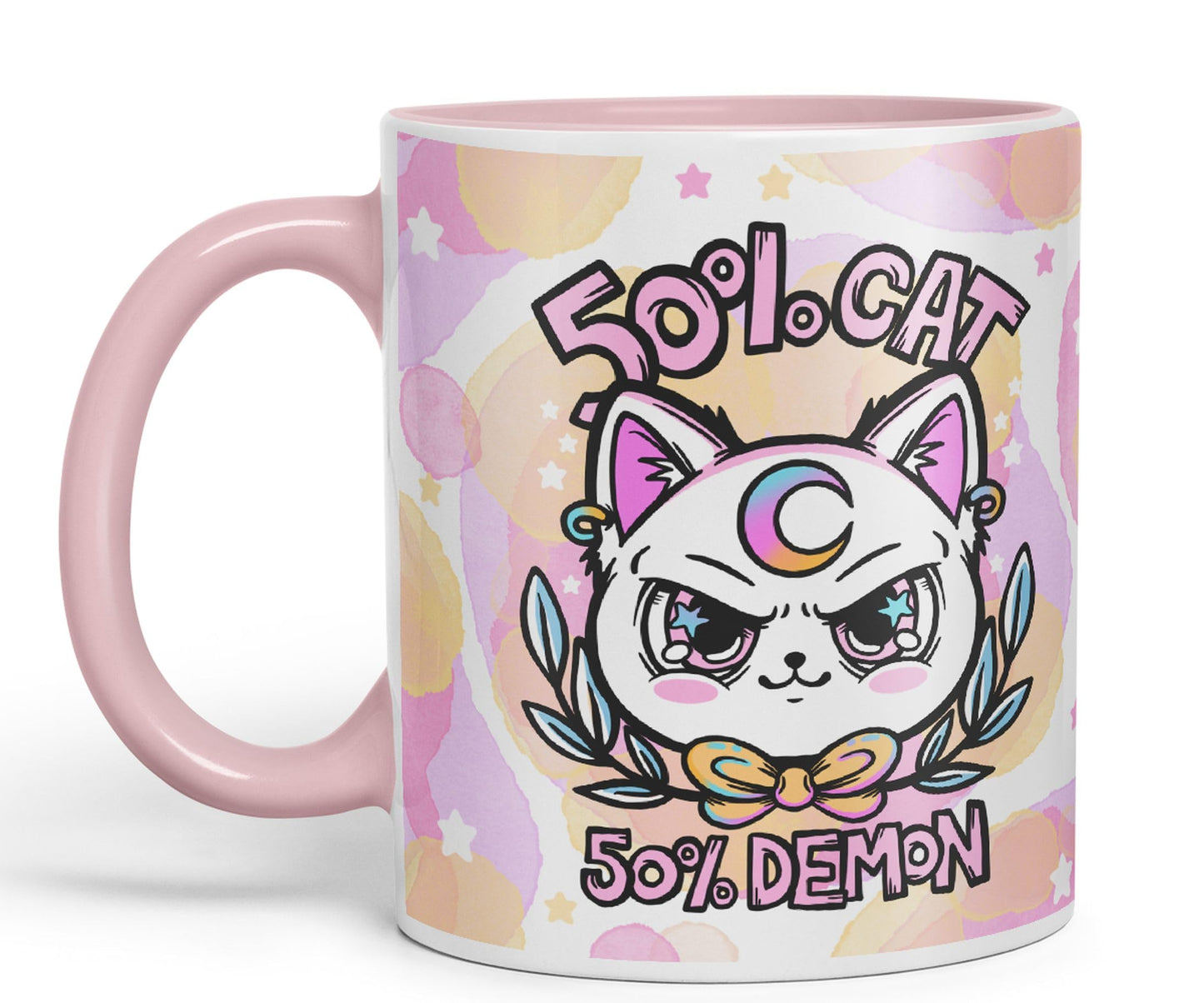 Vixar 50% Cat 50% Demon Cute cat Lovers, Kawaii Joke Coloured Ceramic Mug Cup Gift 330ml 11oz Work Office Tea Coffee