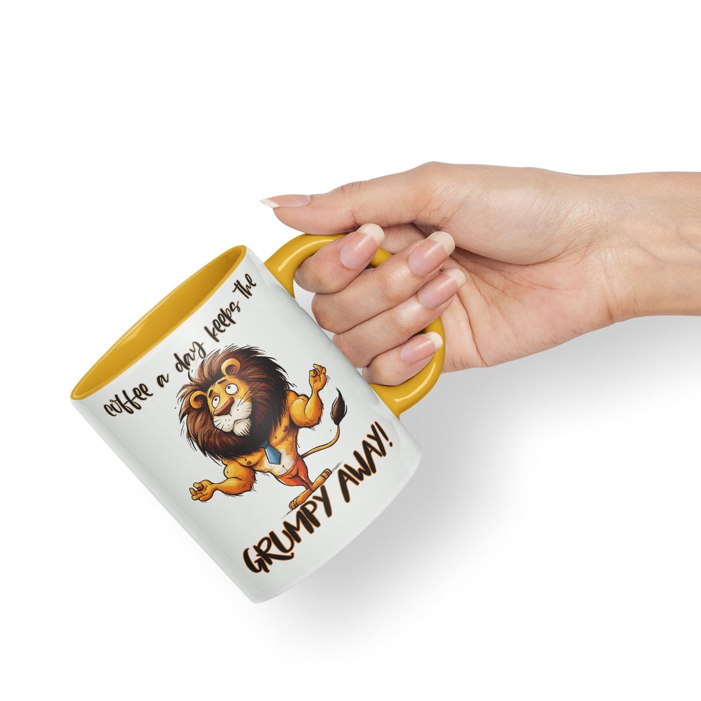 Coffee a Day Keeps The Grumy Away! Lion Joke sarkasm Sarcastic Ceramic Coloured Mug Cup for Tea Coffee Hot Brew 330ml 11Oz Gift