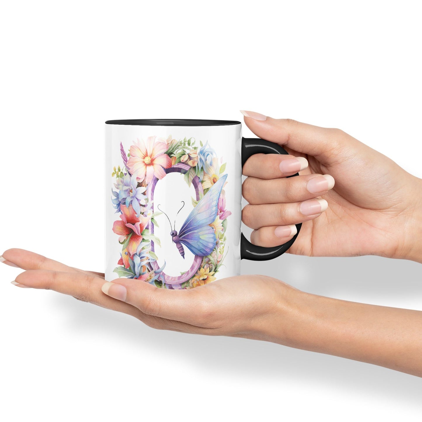 Letter O mug, Floral flowers butterfly Alphabet Letter O Monogram watercolour Ceramic Coloured Mug Cup for Tea Coffee Hot brew 330ml 11Oz Gift