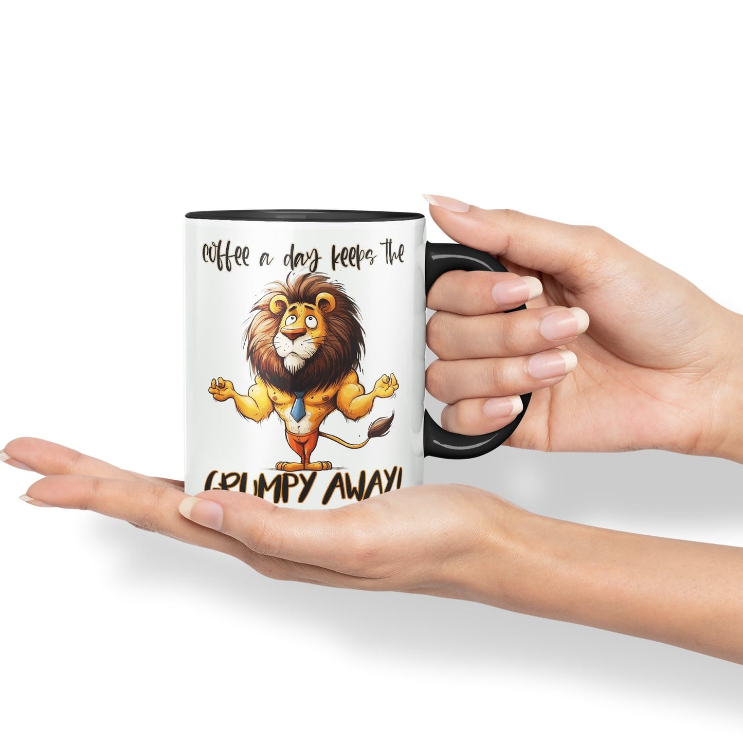 Coffee a Day Keeps The Grumy Away! Lion Joke sarkasm Sarcastic Ceramic Coloured Mug Cup for Tea Coffee Hot Brew 330ml 11Oz Gift