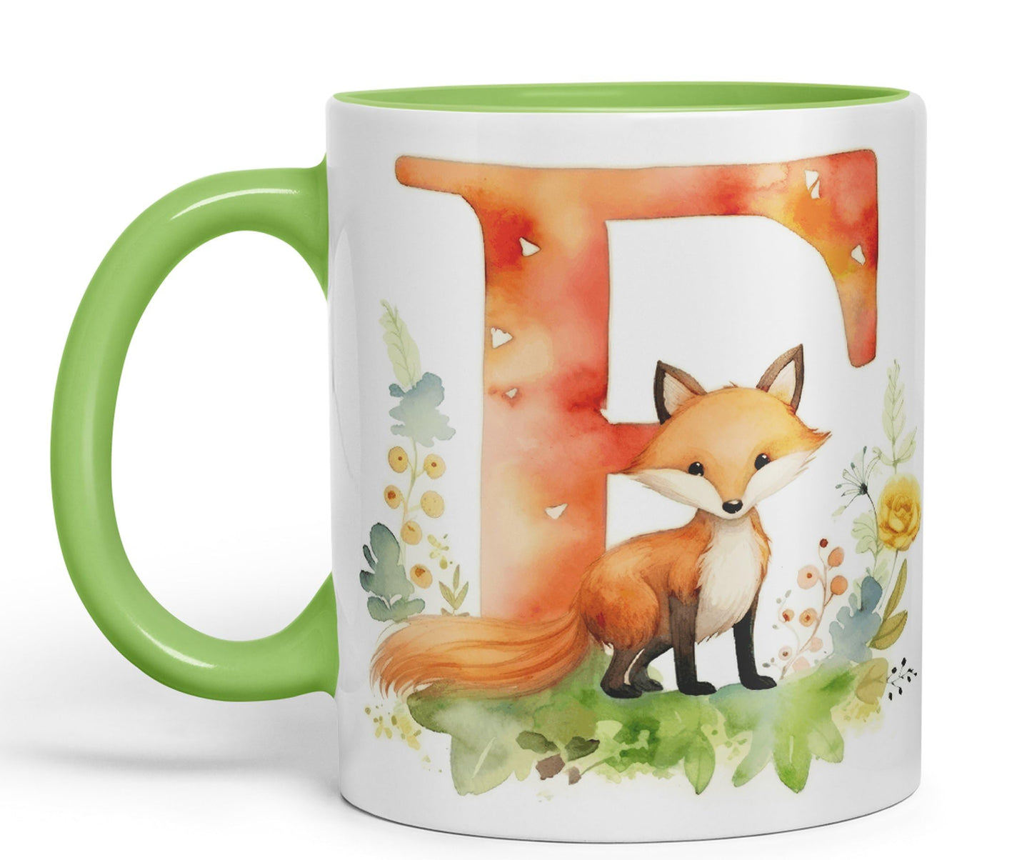 Letter F mug, Animals Alphabet Letter F Monogram animal for kids Ceramic Coloured Mug Cup for Tea Coffee Hot brew 330ml 11Oz Gift