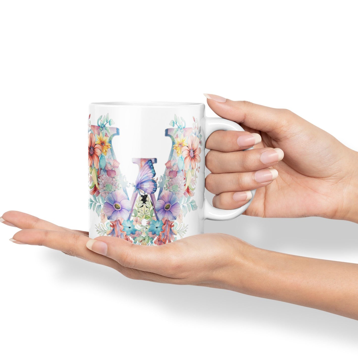 Letter W mug, Floral flowers butterfly Alphabet Letter W Monogram watercolour Ceramic Coloured Mug Cup for Tea Coffee Hot brew 330ml 11Oz