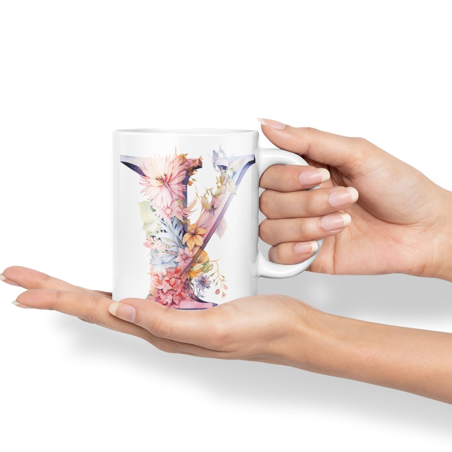 Letter Y mug, Floral flowers butterfly Alphabet Letter Y Monogram watercolour Ceramic Coloured Mug Cup for Tea Coffee Hot brew 330ml 11Oz Gift