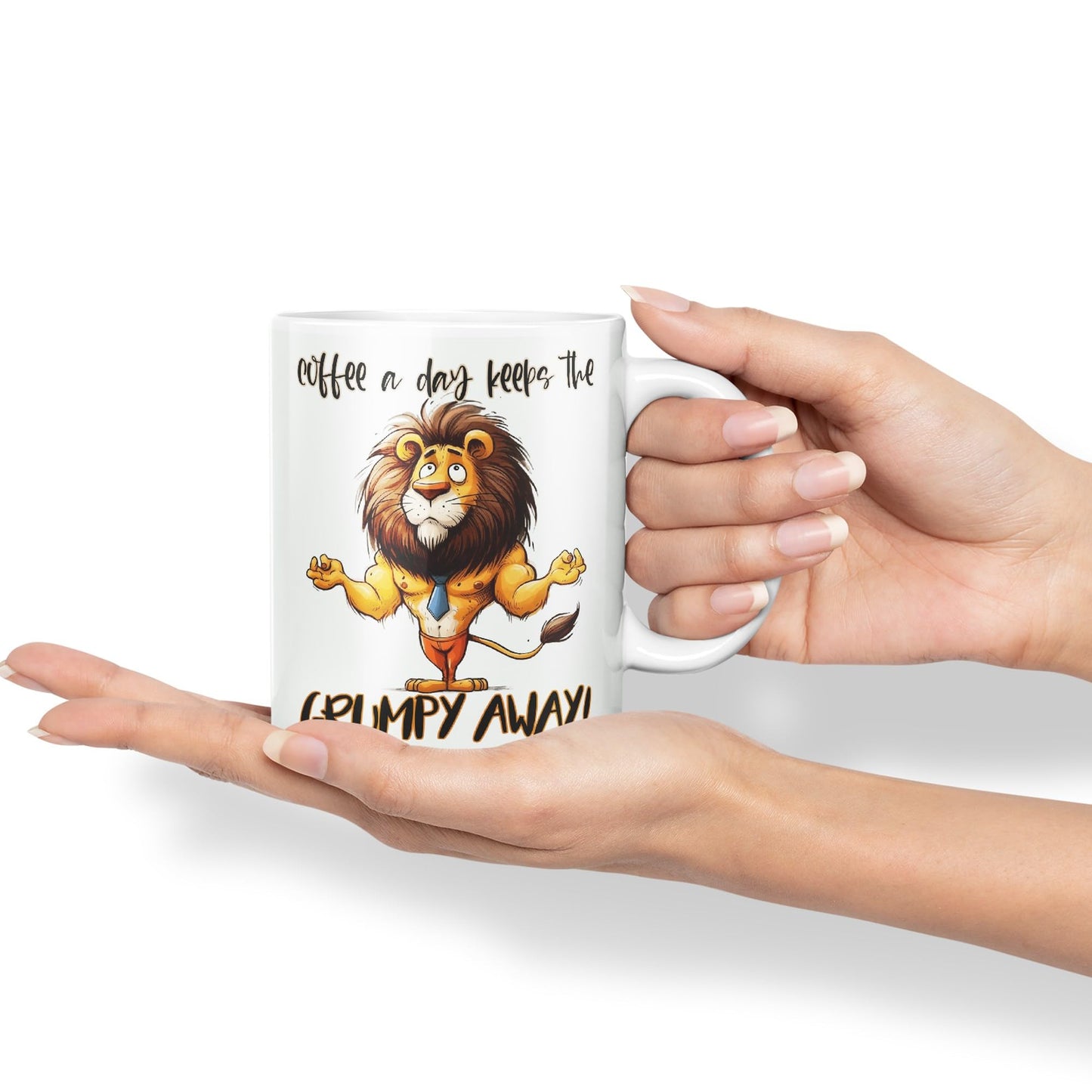 Coffee a Day Keeps The Grumy Away! Lion Joke sarkasm Sarcastic Ceramic Coloured Mug Cup for Tea Coffee Hot Brew 330ml 11Oz Gift