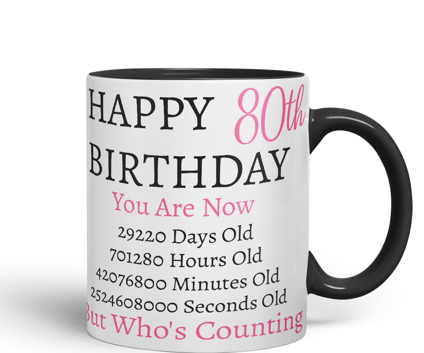 Vixar But Who's Counting Happy 80th Birthday Ceramic Coloured Mug Cup Gift Days Hours Minutes (Pink)