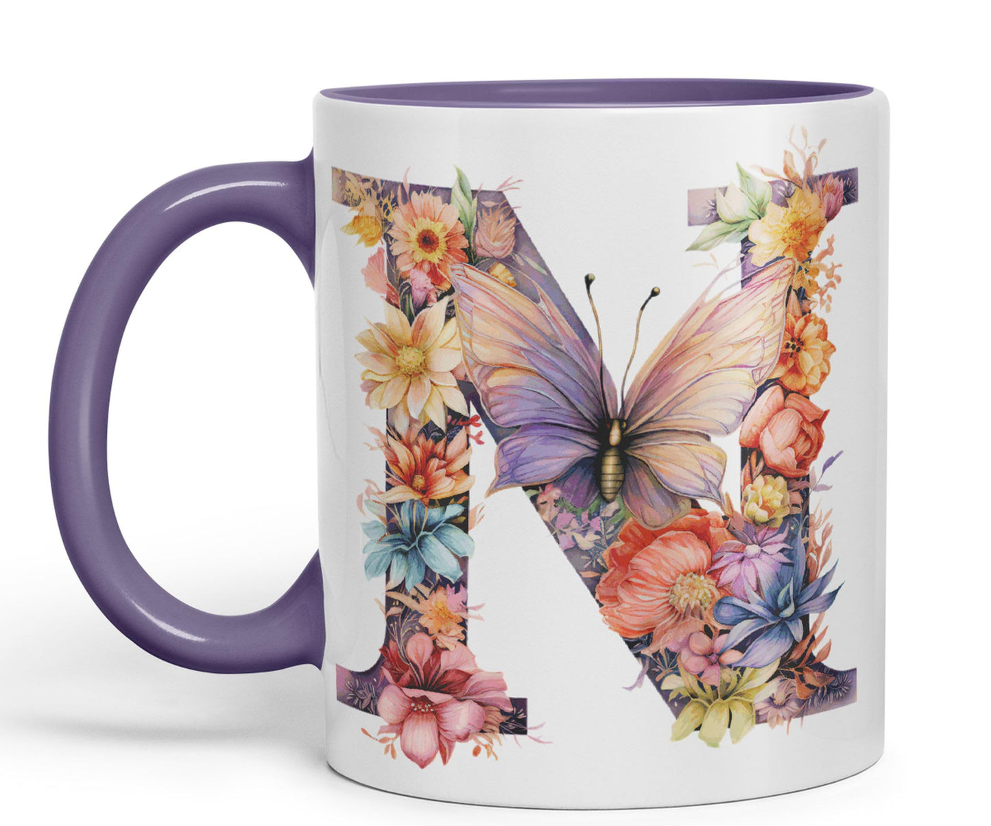 Letter N mug, Floral flowers butterfly Alphabet Letter N Monogram watercolour Ceramic Coloured Mug Cup for Tea Coffee Hot brew 330ml 11Oz Gift