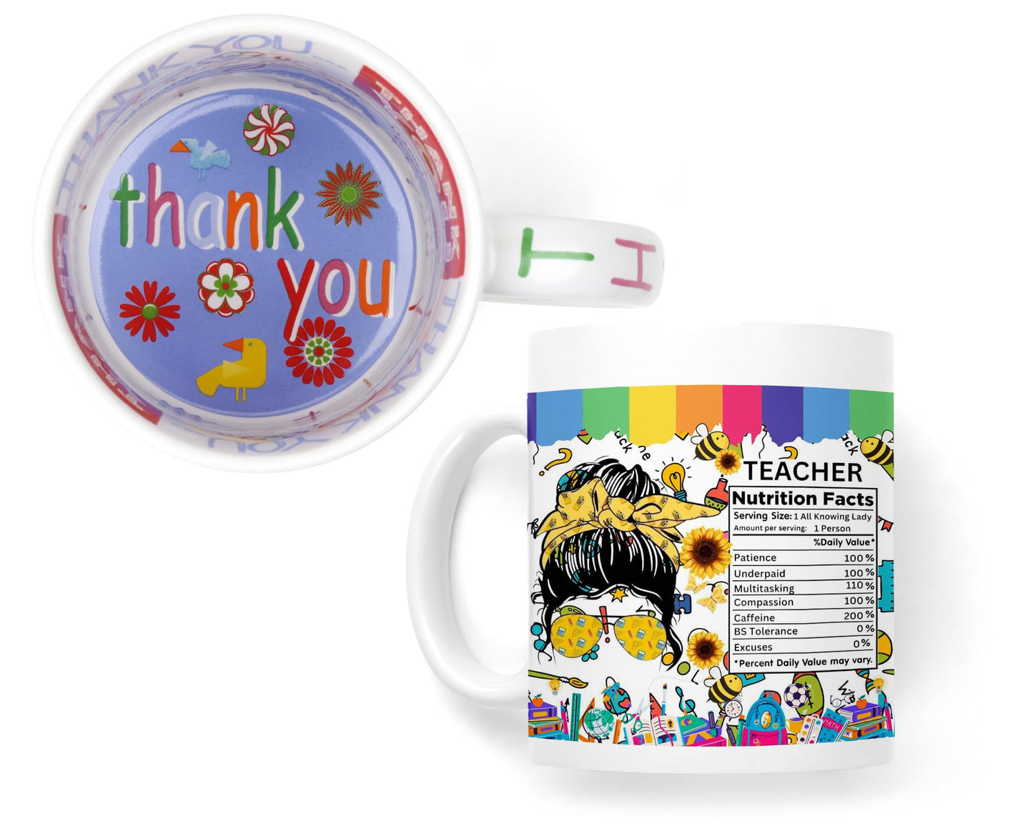 Vixar Teacher Nutrition Facts #teacherlife Mug Thank You, End of School Gift Ceramic Coloured Mug Cup for Tea Coffee Hot Brew 330ml 11Oz Gift TF2