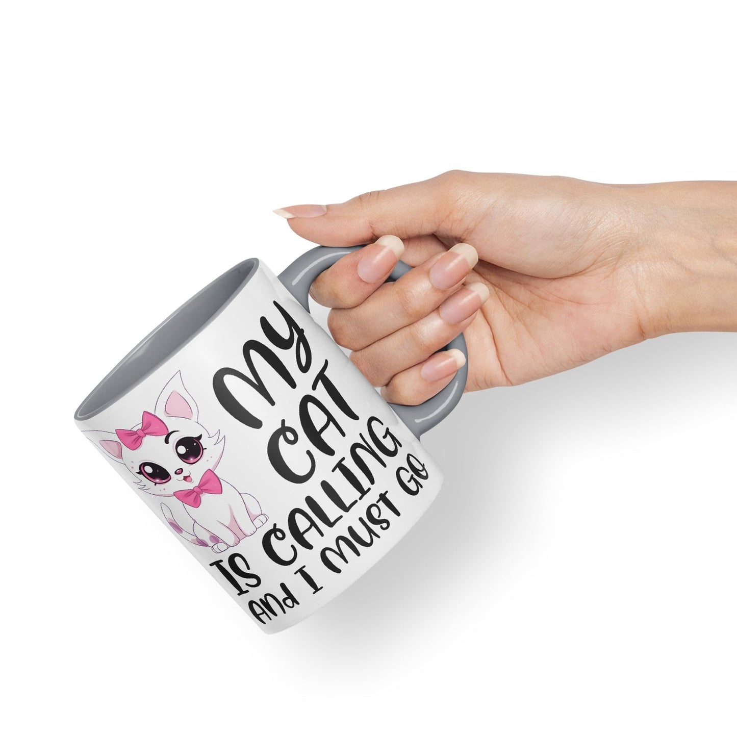 My cat is Calling and I Must Go, cat Sarcastic Joke Ceramic Coloured Mug Cup for Tea Coffee Hot Brew 330ml 11Oz