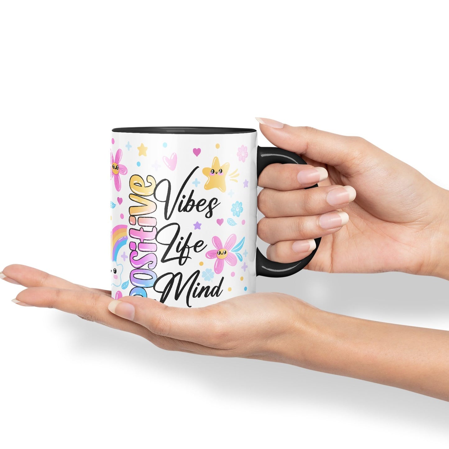 Positive Vibes Life Mind Presents Coloured Ceramic Mug Cup Gift 330ml 11oz Work Office Tea Coffee Gift