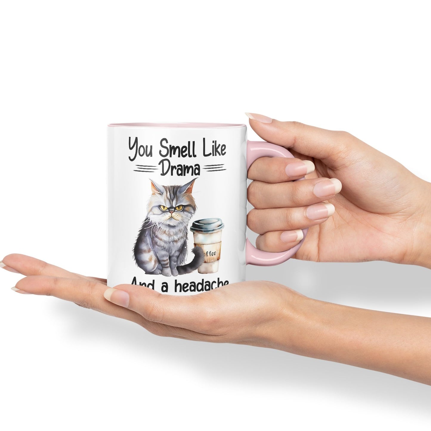 You Smell Like Drama and a Headache Cat Sarcastic Joke Ceramic Coloured Mug Cup for Tea Coffee Hot Brew 330ml 11Oz