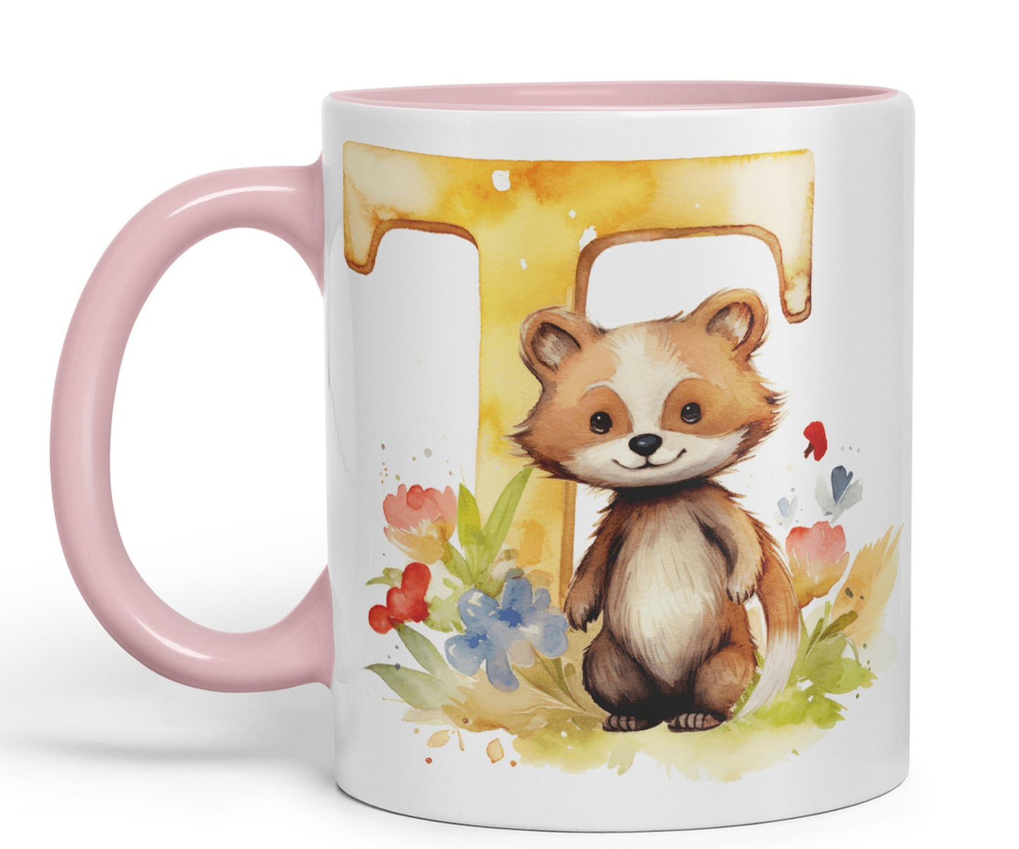 Letter T mug, Animals Alphabet Letter T Monogram animal for kids Ceramic Coloured Mug Cup for Tea Coffee Hot brew 330ml 11Oz Gift