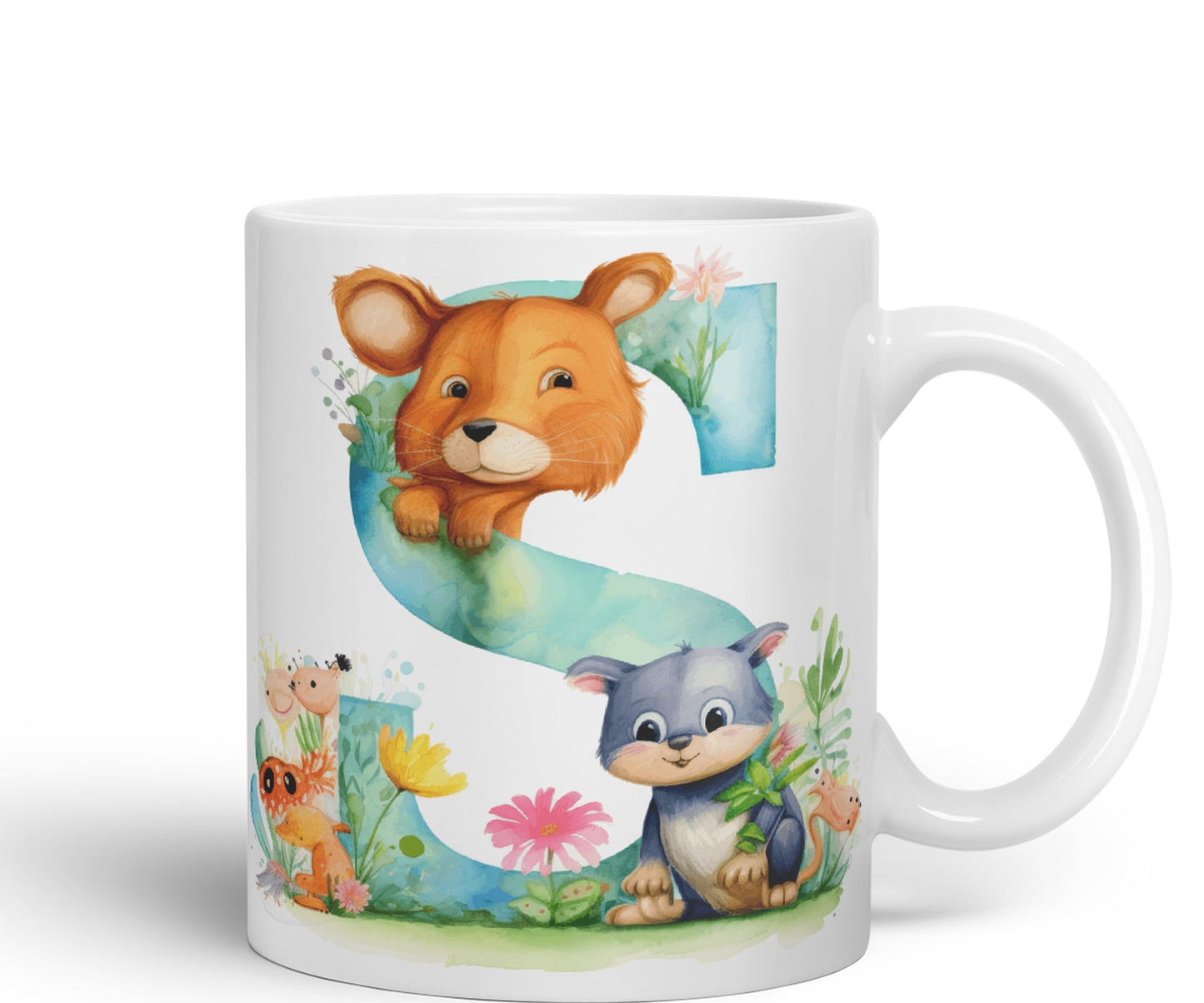 Letter S mug, Animals Alphabet Letter S Monogram animal for kids Ceramic Coloured Mug Cup for Tea Coffee Hot brew 330ml 11Oz Gift